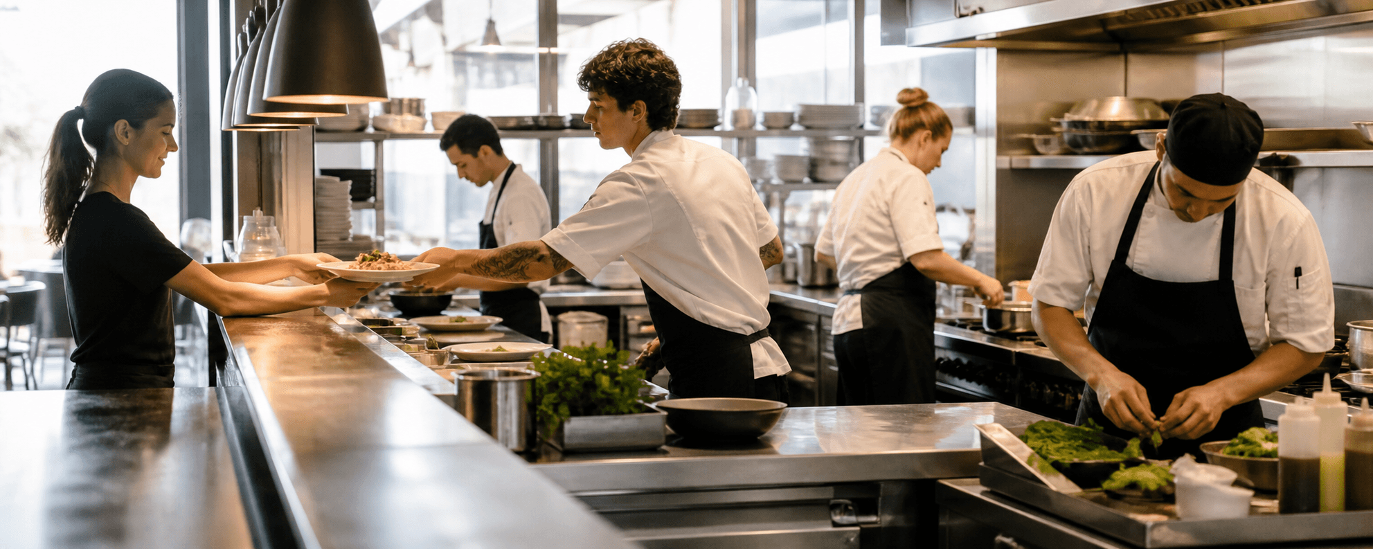 Chefs and hospitality staff working together in a professional kitchen